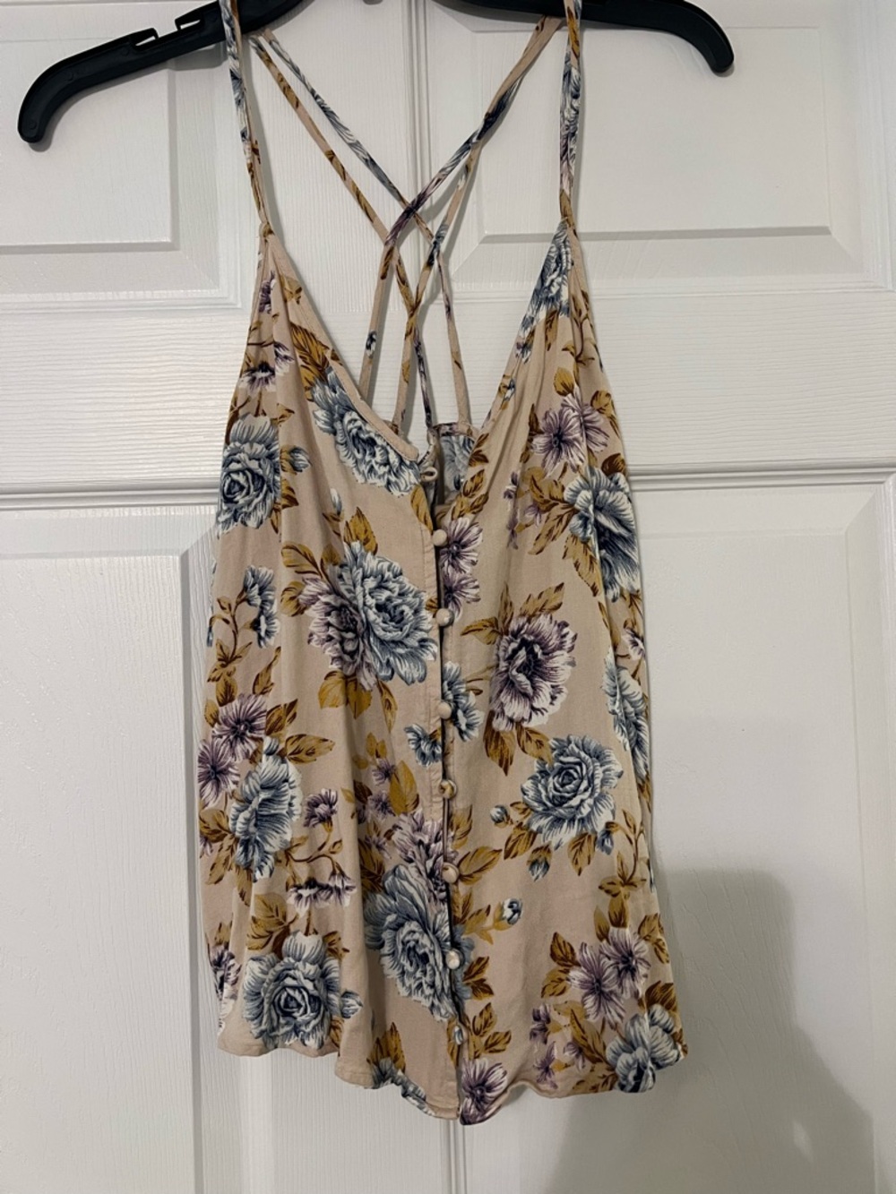 Floral Button-Front Spaghetti Strap Tank - Beige with Blue & Mauve Flowers